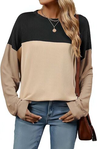إمرأة موضة 2024 كتلة اللون كم طويل Crewneck محبوك مضلع قمصان فضفاضة تونك القمم عادية كنزة بمقاس كبير in Saudi Arabia