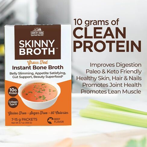 COUNTRY FARMS Skinny Broth 7-Day Plan, Instant Beef Bone Broth, 10G Protein, Collagen Type III, Promotes Better Digestion, Bone and Joint Health, 7 Day Plan, 7-15g Packets in Saudi Arabia
