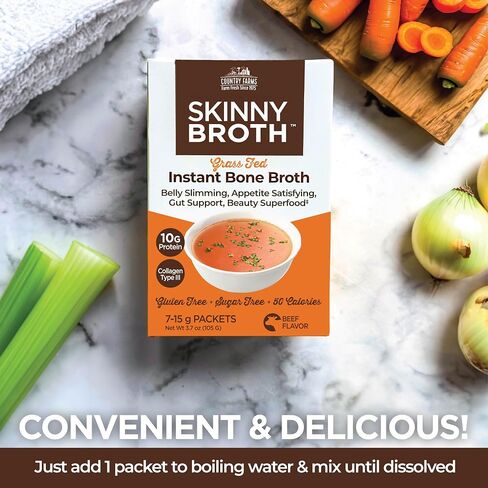 COUNTRY FARMS Skinny Broth 7-Day Plan, Instant Beef Bone Broth, 10G Protein, Collagen Type III, Promotes Better Digestion, Bone and Joint Health, 7 Day Plan, 7-15g Packets in Saudi Arabia