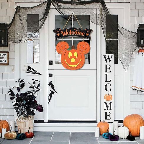 Halloween Pumpkin Decorations for Front Door, Halloween Mouse Welcome Hanging Sign, Happy Halloween Wooden Pumpkin Signs, Wood Door Hanger Ornaments for Home Window Wall Outdoor Decor, 13.4x14 inches in Saudi Arabia