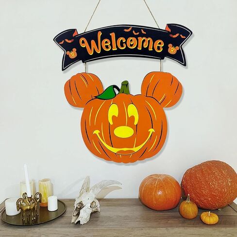 Halloween Pumpkin Decorations for Front Door, Halloween Mouse Welcome Hanging Sign, Happy Halloween Wooden Pumpkin Signs, Wood Door Hanger Ornaments for Home Window Wall Outdoor Decor, 13.4x14 inches in Saudi Arabia