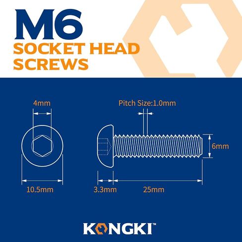 M6 x 25mm Button Head Socket Cap Screws, 10.9 Grade Alloy Steel, Allen Socket Drive, Black Oxide Finish, Machine Thread, 25 PCS in Saudi Arabia