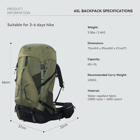 KAILAS RIDGE III 65+5L Unisex Adult Trekking Bacpack Waterproof Backpacking for Travelling Camping (M, Black) in Kuwait