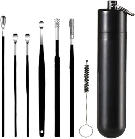 7 Pcs Ear Pick Earwax Removal Kit, Ear Cleansing Tool Set, Ear Curette Ear Wax Remover Tool with a Cleaning Brush and Storage Box (Black) Asian Chinese Ear Pick in Saudi Arabia