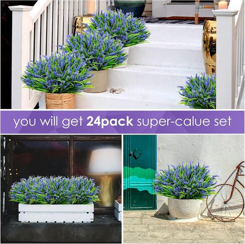 Artificial Fake Plants Flowers for Outdoor Decoration,24 Bundles Plastic Lavender Faux Flowers UV Resistant for Home Garden Planter Porch Patio Yard Decor (White) in Saudi Arabia