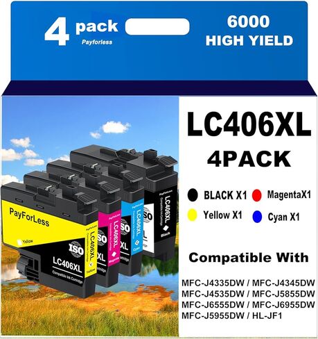 خراطيش حبر LC406XL متوافقة مع Brother LC406XL LC406 لطابعة Brother MFC-J4335DW MFC-J4535DW MFC-J4335DW MFC-J5855DW MFC-J6555DW MFC-J6955DW 4 عبوات (أسود سماوي أرجواني أصفر) in Kuwait