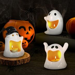 3 Pcs Halloween Ceramic Ghost with 6 Candle Tea Lights, 5 Inch Halloween Candy Dish Holder Halloween Ghost Sculpture Statue Scary Ghost Spooky Candle Holders for Halloween Decorations Trick or Treat