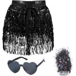 Sequin Tassel Skirt Belly Dance Hip Scarf, Shiny Fringe Skirts Belt Wrap,Sunglasses Face Body Glitter, Festive Christmas