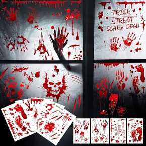 MSQ 73 Pcs Halloween Bloody Window Stickers Removable Handprint Footprint Decals Floor Clings for Halloween Party Decorations Horror Halloween Window Stickers 9 Sheets