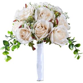 Wedding Bouquets for Bride, Wedding Silk Artificial Flowers 10pcs White Champagne Roses 10 in Fake Flowers for Wedding Party, Ceremony, Anniversary & Home Decor (Come with 3 Styles of 4.5 ft Ribbons)