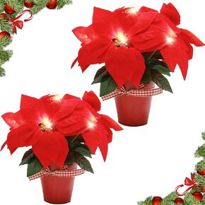 Sunnyglade 2 Pack Lighted Poinsettia Flowers Pre-Lit Artificial Poinsettias Plants in Pot Silk Fake Poinsettias Arrangements for Home Office Christmas Decoration (Red)