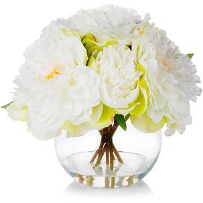 ENOVA FLORAL Artificial Peony Flower with Vase, Fake Flowers Arrangement in Vase, Artificial Flower with Vase, Faux Peony in Glass Vase for Home Office Kitchen Decor, Wedding (Cream)