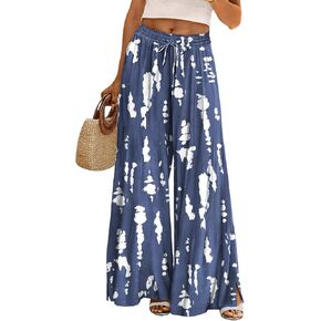 YESNO Women Summer Boho Palazzo Pants 2024 High Waist Wide Leg Floral Casual Cotton Lounge Trousers with Pockets PP0