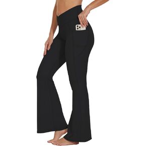 Flare Crossover Leggings with Pockets for Women 30" High Waisted V Cross Wide Leg Yoga Pants Tummy Control Bootcut Workout Gym Black XL