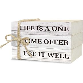 Decorative Books for Home Decor, Wood Book Stack for Table Decor, Life is A One Time Offer Use It Well Decor Books for Living Room Bookshelf Office Coffe Bar, Farmhouse Stacked Books Decor (L06)