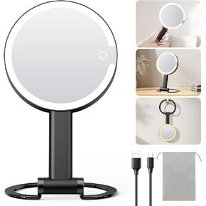 Gospire Magnifying Mirror with Light 10X 1X 2-Sided Magnification Travel Makeup Mirror Rechargeable 3 in 1 Hand Held Desk Hanging Lighted Mirror with 3 Color Dimmable Lights LED Vanity Mirror