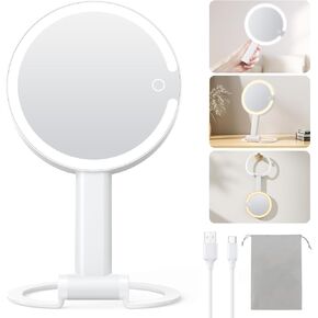 Gospire Magnifying Mirror with Light 10X 1X 2-Sided Magnification Travel Makeup Mirror Rechargeable 3 in 1 Hand Held Desk Hanging Lighted Mirror with 3 Color Dimmable Lights LED Vanity Mirror