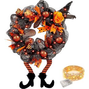 Halloween Wreaths for Front Door Outside, Halloween Reef with Led Lights, Outdoor Halloween Wreath, Light Up Halloween Wreath with Legs, Halloween Wreath Decorations, Witch Wreaths for Front Door