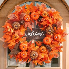 Serwalin 22’’ Fall Wreath for Front Door Autumn Wreath with Welcome Sign Harvest Wreath with Pumpkin Maple Leaf and Berry Pine Cones for Festival Thanksgiving Farmhouse Fall Decor Halloween Wreath