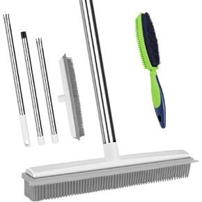 Rubber Broom Carpet Rake, Pet Hair Removal Brush, Carpet Brush with Squeegee for Cleaning Pet, Hair, Dual-Sided for Pet Grooming and Lint Removal for Couch and Clothes, Portable Hair Fur Remover Tool