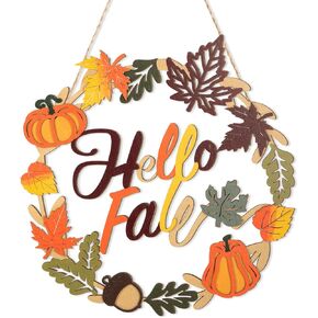 Fall Door Wreath for Front Door Sign Wall Signs, Hello Fall Pumpkin Maple Leaf Decoration Wooden Door Sign Hanging for Autumn Harvest Home Halloween Decoration