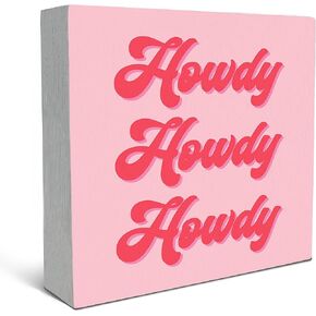 SRADMO Hot Pink Howdy Preppy Wood Box Sign Desk Decor，Pink Preppy Cowgirl Wooden Block Box Sign Decoration For Western Home Office Dorm Wall Shelf Table Decor
