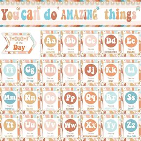 Bulletin Board Letters - ABC Alphabet with Growth Mindset Posters, Retro Groovy Dual-Purpose Resource Motivational Banner English Learning Poster School Classroom Wall Decor Set for Preschool Supplies