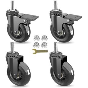3" Caster Wheels,Set of 4（2 Castors with Brakes,2 Non-Brake),Heavy Duty 3/8"-16x1"Threaded Stem Caster,Mute Rubber Casters with Locking,Replacement for Cart,Dolly,Trolly,Furniture,Workench