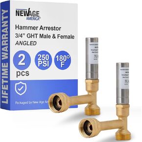 New Age America® 2pcs Hammer Arrestor AquaFlow 360™ | Straight | Washing Machine Water Hammer Arrestor | 3/4" Male GHT & 3/4" Swivel Female GHT | 304 Stainless Steel & Lead-Free Brass Hammer Arrestor