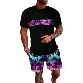 SOLY HUX Men's 2 Piece Outfits Tropical Print Short Sleeve Tee and Shorts Summer Vacation Set