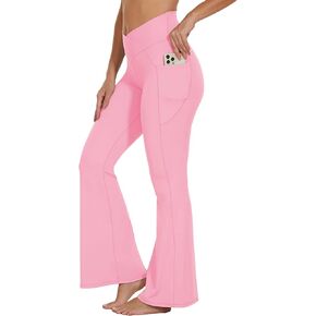 Flare Crossover Leggings with Pockets for Women 30" High Waisted V Cross Wide Leg Yoga Pants Tummy Control Bootcut Workout Gym Pink L