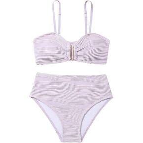 Girl's High Waisted Bikini Sets 2 Piece Textured Wireless Bathing Suit Spaghetti Strap Boho Swimsuit