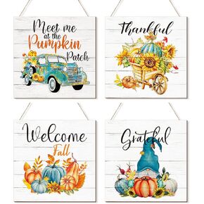 4 Pieces Fall Sign Thanksgiving Pumpkin Wood Sign Farmhouse Outdoor Teal Autumn Decor with Sunflower Gnome Truck for Home Fall Pumpkin Welcome Sign Hanging Pumpkin Shaped Fall Decoration