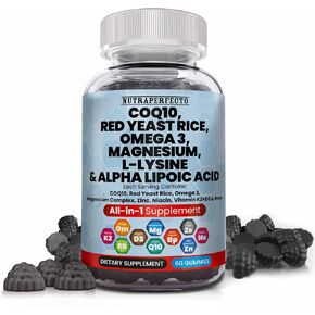 L-Lysine Coq10 Alpha Lipoic Acid Gummies Red Yeast Rice Magnesium Gummy for Adults and Kids - Amino Acid Supplements Omega 3 Niacin Zinc Vitamin K2 D3 B3 - Vitamins for Women and Men - 60 Gummy Bears