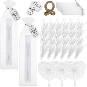 Gerrii 24 Pcs Wedding Heart Shaped Folding Paper Fans Decorative Folding Fans Wedding Fans for Guests White Handheld Fan with Labels and Gift Bags for Bridal Shower Birthday Party Anniversary Favors