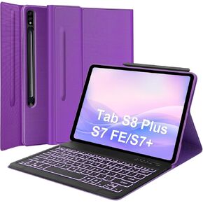 حافظة سامسونج تاب S8 بلس/S7 FE/S7 بلس مع لوحة مفاتيح مقاس 12.4 بوصة، حافظة لوحة مفاتيح جالاكسي تاب S7 FE| إضاءة خلفية ذكية بـ 7 ألوان| لوحة مفاتيح لاسلكية مغناطيسية قابلة للفصل| غطاء فوليو نحيف مع حامل قلم S أرجواني in Kuwait