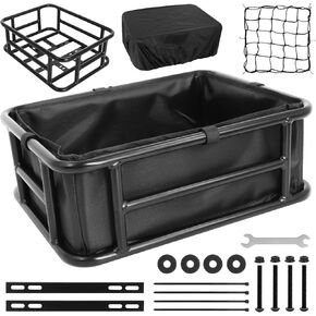 Rear Basket for Bike,100 lbs Metal Bicycle Basket Ebike Rear Rack Bike Cargo Fit for Carrying Pet Grocery for Bikes and E-Bike with Removable Liner Bag,Waterproof Cover,Cargo Net