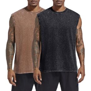 Bobeutou Mens 2 Pack Workout Tank Top Sleeveless Cut Off Shirt Gym Muscle Acid Wash Tshirts Athletic Running Beach Loose Tees