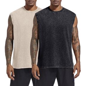Bobeutou Mens 2 Pack Workout Tank Top Sleeveless Cut Off Shirt Gym Muscle Acid Wash Tshirts Athletic Running Beach Loose Tees