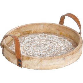 Round Decorative Tray for Home Decor,Boho Coffee Table Tray Decor for Living Room,Wooden Tray for Decor with Handles, Beaded Tray for Kitchen Island Counter Countertop Centerpiece in Kuwait