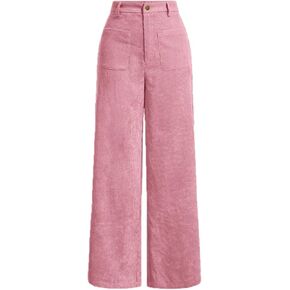 Women's Solid Patch Pocket Corduroy Mid Rise Wide Leg Pants Baggy Spring Break High Waist Button Detail