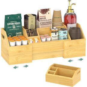 EsLuker.ly Coffee Station Organizer Countertop, Bamboo Extendable Coffee Bar Condiment Accessories Storage, Space-Saving Coffee Tea Supply for Home Office, Kitchen Coffee Area Nook for Coffee Lovers