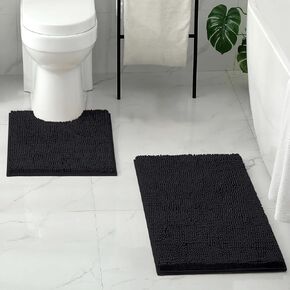 HOMEIDEAS Bathroom Rugs Set 2 Pieces, Ultra Soft Non Slip Absorbent Chenille Toilet Bath Mat Set (Grey)