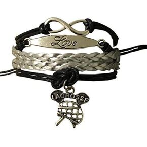 Lacrosse Bracelet Jewelry | Silver and Black Color Bracelet | Silver Plate with Love Engraved and Lacrosse Pendant | Best Gift for Lacrosse Player and Team