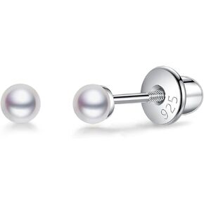 Freshwater Pearl Earrings with Screw Back for Women 925 Sterling Silver Sensitive Genuine 6mm White Real Round Cultured Pearls Stud Everyday Earrings Studs Ladies (screw back-6mm)