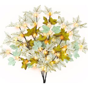 3Pcs Fall Lighted Maple Leaves Branches, 31.4" 60 LEDs Light Up Autumn Maple Leaves Stems with 15 Acorns Timer Lit Fall Branches for Vases Home Wedding Party Thanksgiving Decor