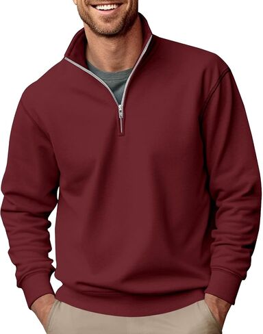 Men's Fashion Quarter Zip Pullover Casual Long Sleeve Sweatshirts Mock Neck Cotton Solid Zip Up Polo Shirts in Saudi Arabia