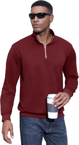 Men's Fashion Quarter Zip Pullover Casual Long Sleeve Sweatshirts Mock Neck Cotton Solid Zip Up Polo Shirts in Saudi Arabia