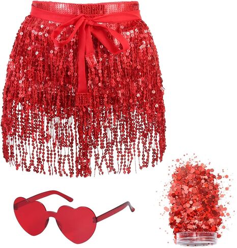 Sequin Tassel Skirt Belly Dance Hip Scarf, Shiny Fringe Skirts Belt Wrap,Sunglasses Face Body Glitter, Festive Christmas in Saudi Arabia