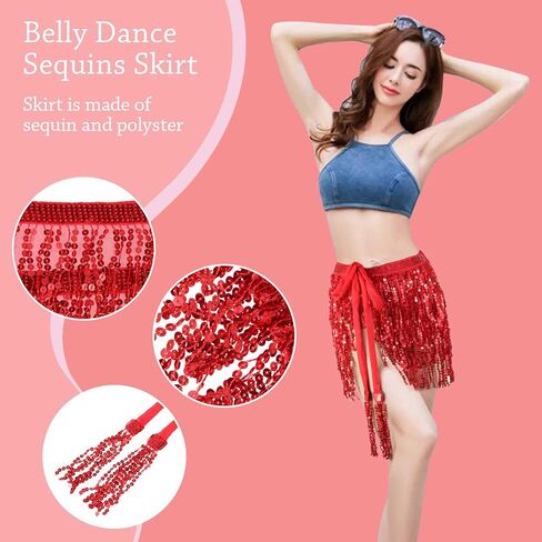 Sequin Tassel Skirt Belly Dance Hip Scarf, Shiny Fringe Skirts Belt Wrap,Sunglasses Face Body Glitter, Festive Christmas in Saudi Arabia